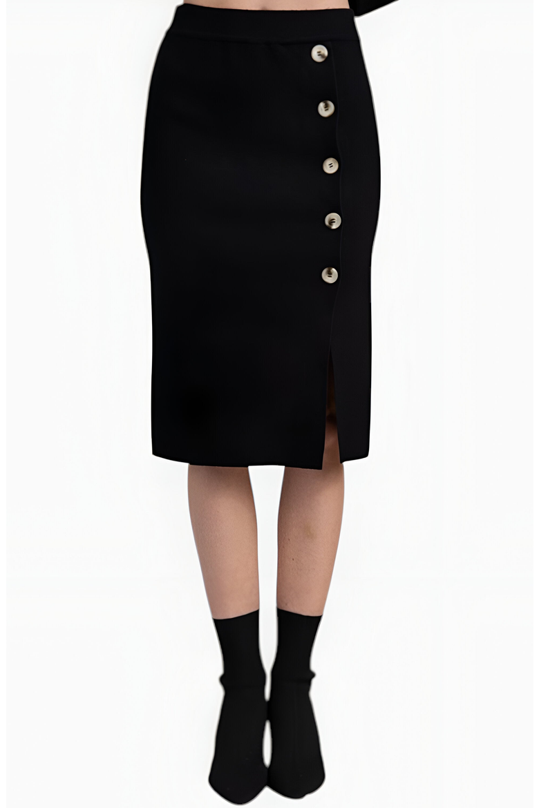 Asymmetric Turtleneck Pullover and Button-Front Slit Skirt Set, Alternate, color, Black