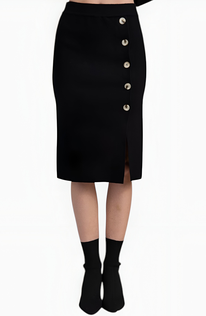 Modenaire Asymmetric Turtleneck Pullover and Button-Front Slit Skirt Set, Alternate, color, Black