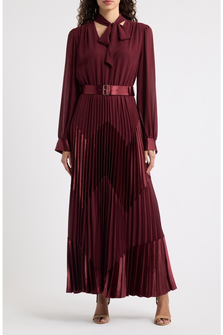 The Carrie Pleated Chiffon Dress, Main, color, NOIR BERRY