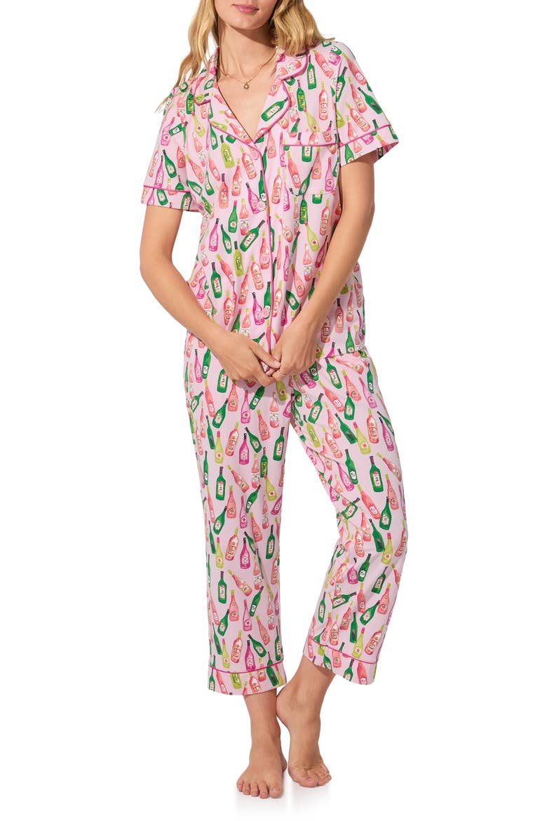 Print Stretch Organic Cotton Jersey Crop Pajamas, Alternate, color, WINE TOUR