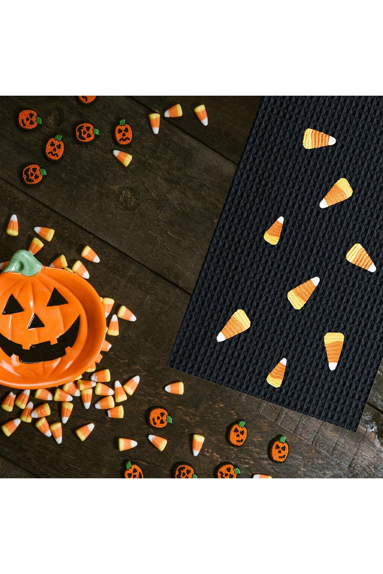 Candy Corn Halloween Waffle Weave Embroidered Cotton Kitchen Towel, Alternate, color, Black
