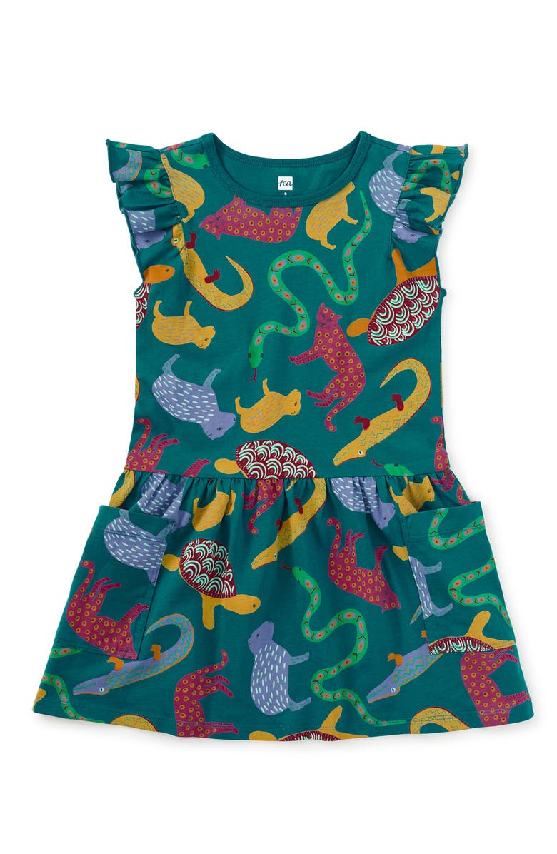 Tea Collection Flutter Sleeve Pocket Dress, Main, color, Brazilian Folk Animals