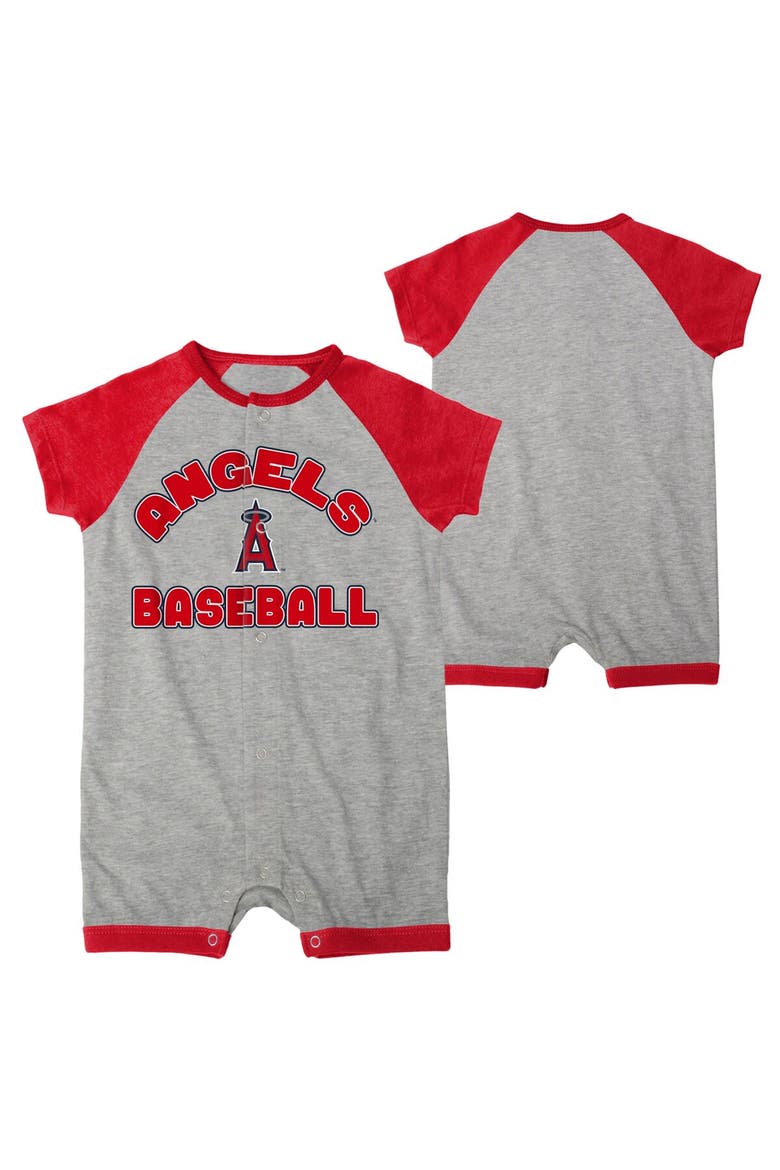 Newborn & Infant Heather Gray Los Angeles Angels Extra Base Hit Raglan Full-Snap Romper, Main, color, Heather Gray