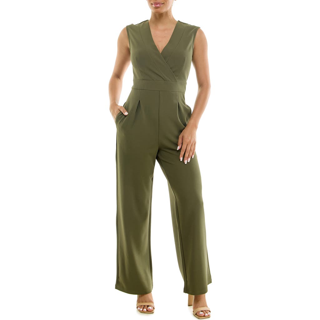 Nina Leonard Surplice V-neck Wide Leg Jumpsuit In Green