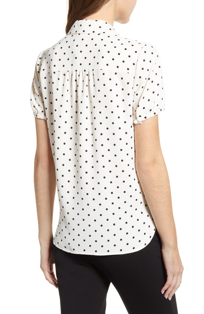 Anne Klein Dot Print Collared Short Sleeve Blouse, Alternate, color, Anne White/ Anne Black