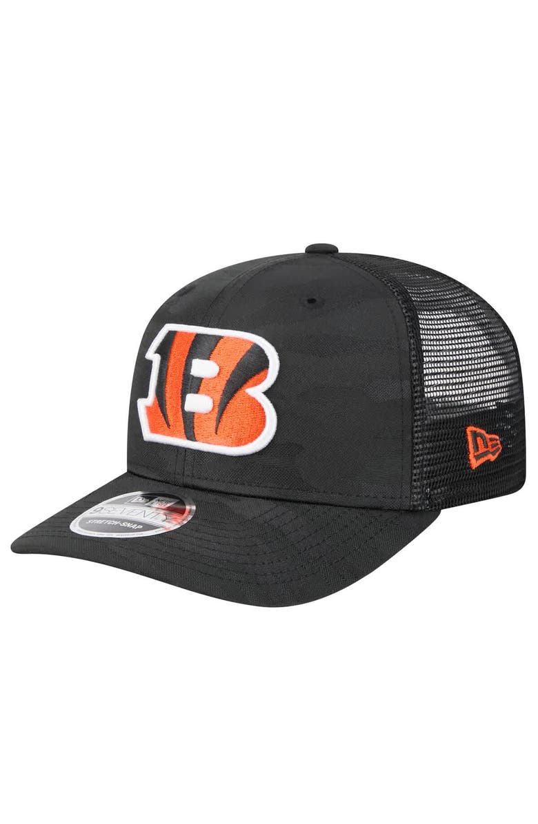 New Era Men's New Era Black Cincinnati Bengals Adventure Camo Trucker 9SEVENTY Stretch-Snap Adjustable Hat, Main, color, 