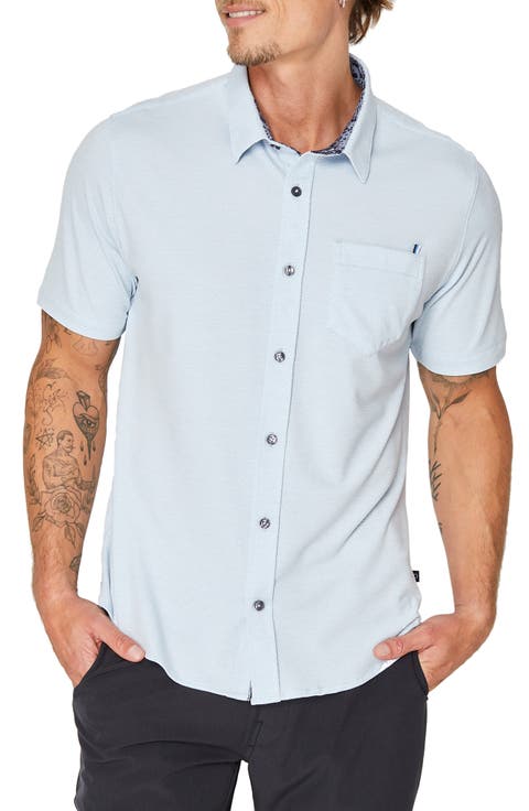 Vision Of Love Slim Fit Stretch Solid Short Sleeve Button-Up Shirt