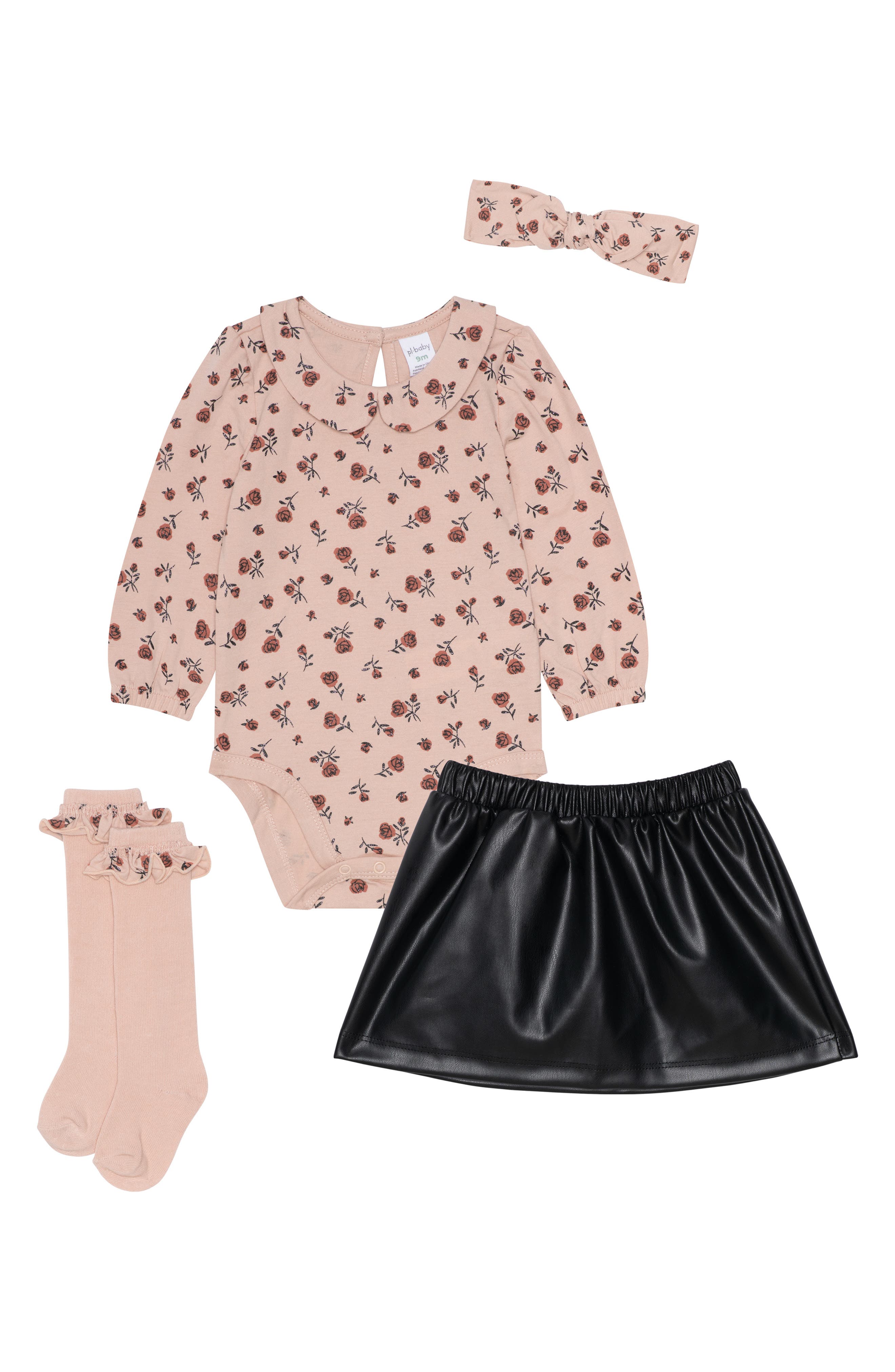PL Baby by Petit Lem Floral Bodysuit, Faux Leather Skirt, Socks & Headband Set