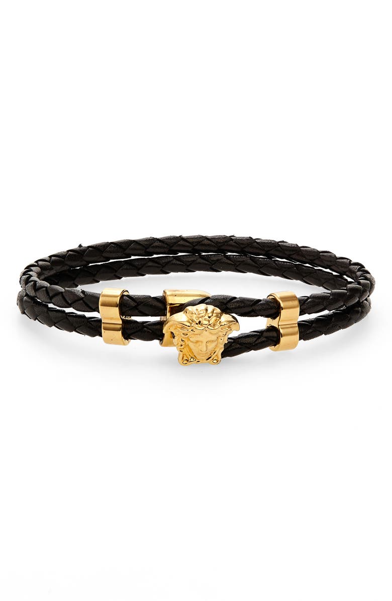 Versace Medusa Braided Leather Bracelet, Main, color, Black
