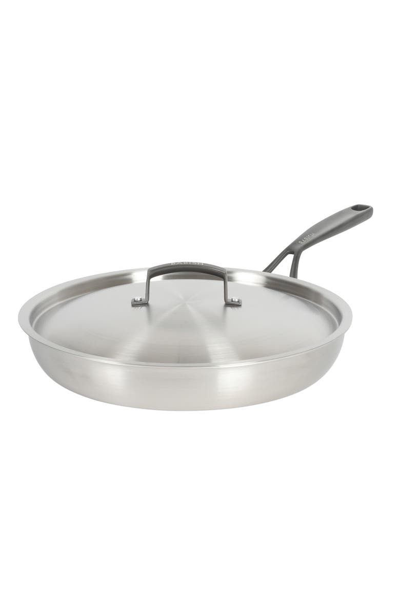 12 Inch Tri Ply Stainless Steel Frying Pan with Lid, Main, color, Stainless Steel-Black Handle