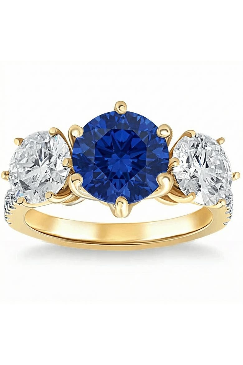 Certified 6 3/4Ct Blue Sapphire Diamond Ring Three Stone Gold Lab Grown, Main, color, 10k Yellow Gold