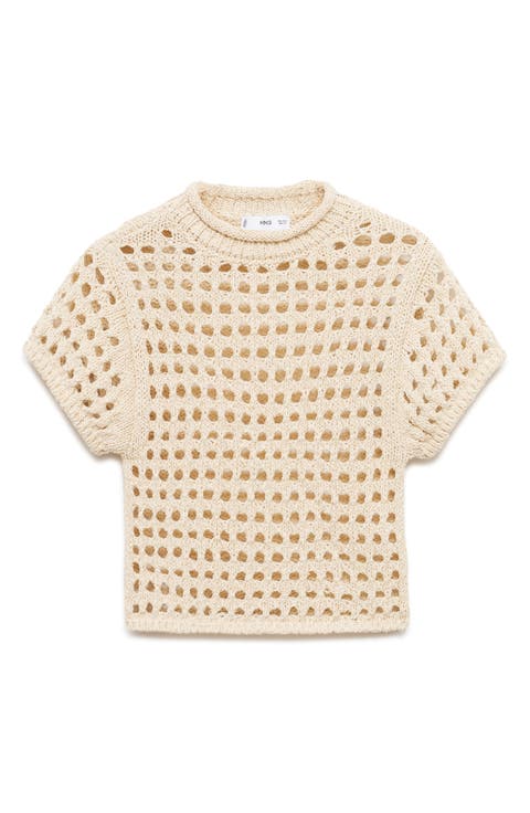 Metallic Sheer Cotton Blend Open Stitch Crop Sweater