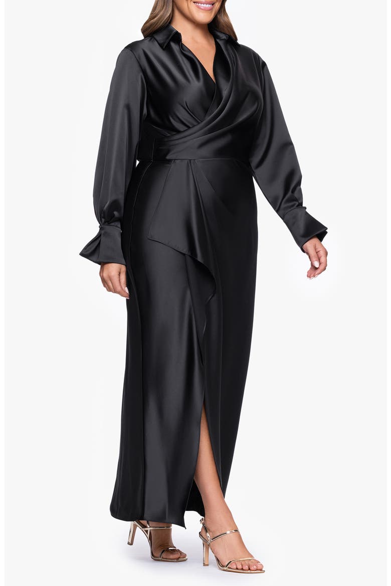 Collar Long Sleeve Satin Gown, Alternate, color, BLACK