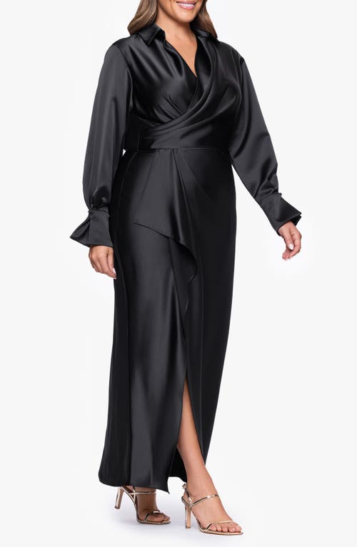 Xscape Evenings Collar Long Sleeve Satin Gown In Black
