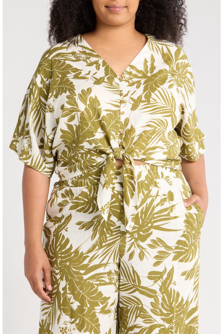 Tropical Short Sleeve Tie Front Button-Up Top, Main, color, OLIVE