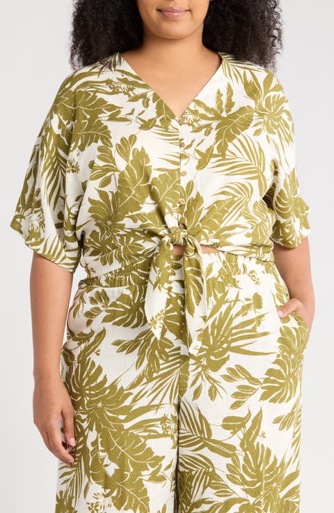 Tropical Short Sleeve Tie Front Button-Up Top (Plus)