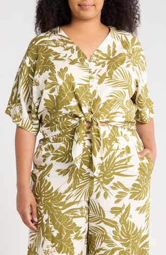 Tropical Short Sleeve Tie Front Button-Up Top