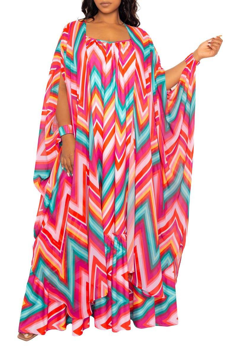 Chevron Print Chiffon Robe with Wrist Bands, Alternate, color, PINK MULTI