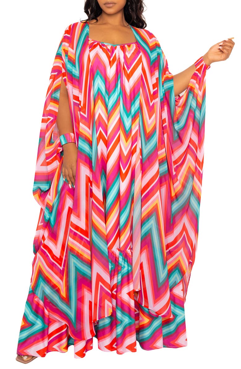 BUXOM COUTURE Chevron Print Chiffon Robe with Wrist Bands, Alternate, color, Pink Multi