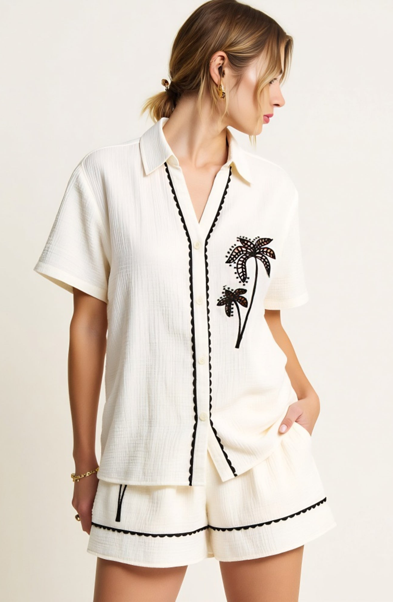 Modenaire Palm Tree Embroidered Button Down Shirt & Short Set, Alternate, color, White / Palm Tree