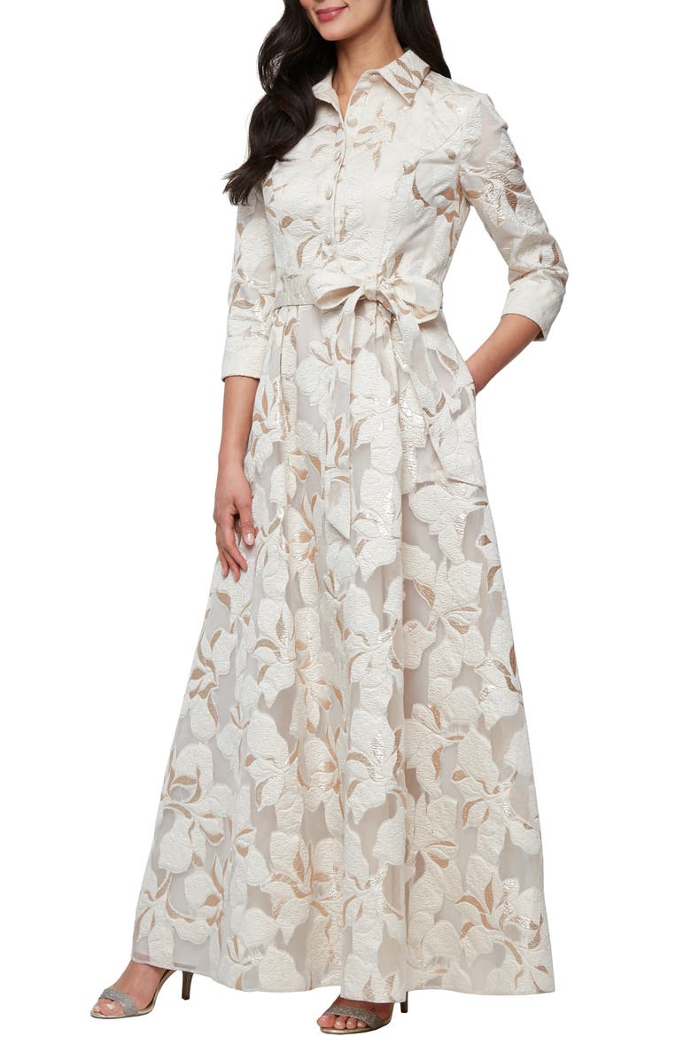Alex Evenings Metallic Jacquard Ballgown, Main, color, Ivory Gold