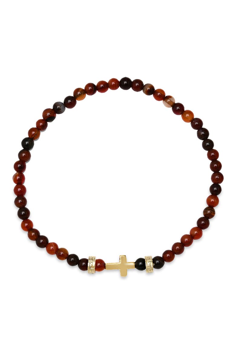 Men's Cross Charm Red Agate Beaded Stretch Bracelet, Alternate, color, GOLD/ RED/ BLACK