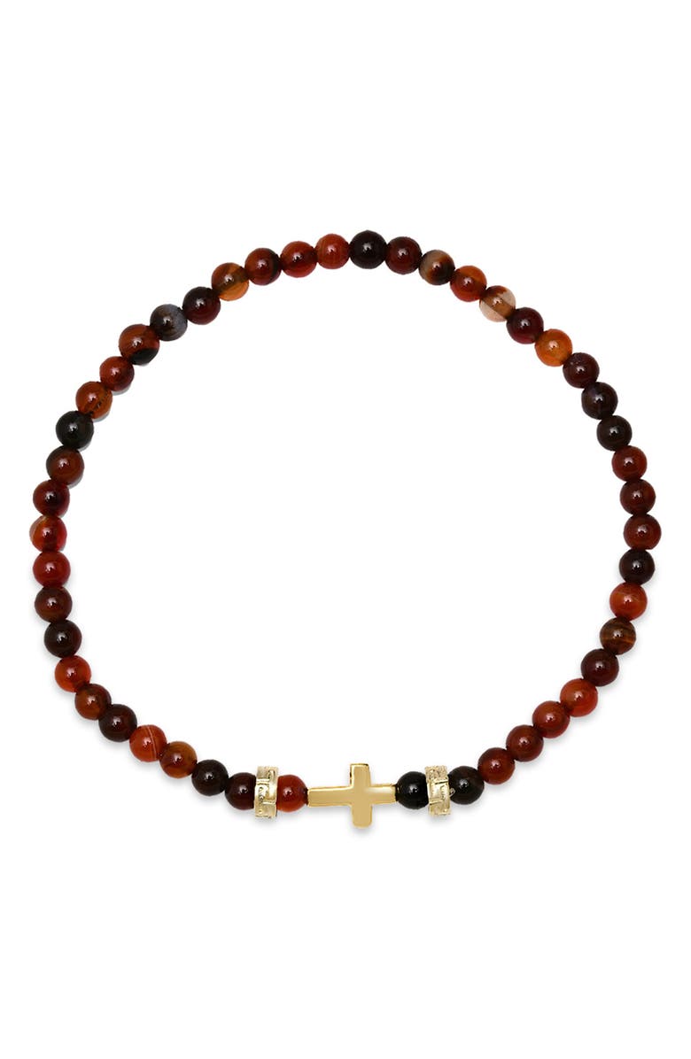 HMY JEWELRY Men's Cross Charm Red Agate Beaded Stretch Bracelet, Main, color, Gold/ Red/ Black