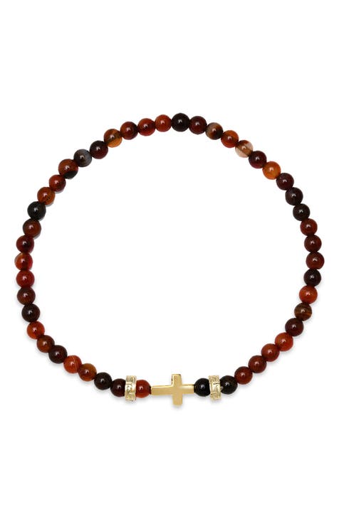 Men's Cross Charm Red Agate Beaded Stretch Bracelet