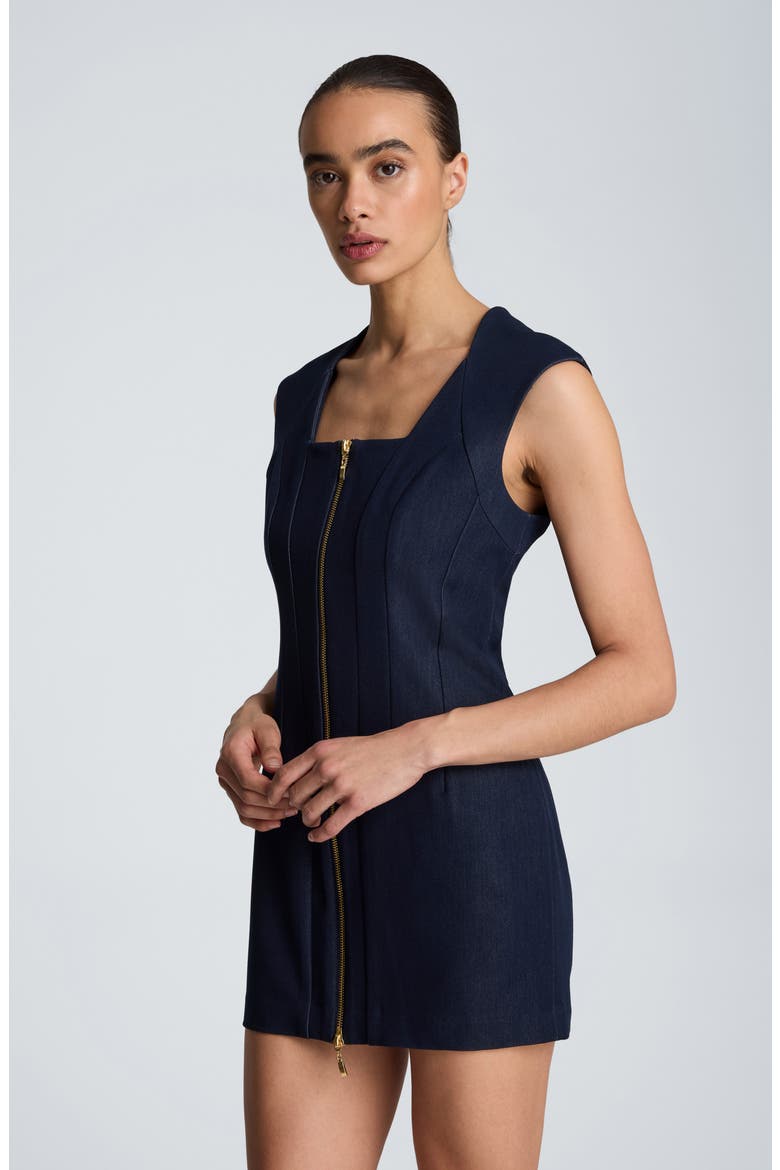 Panelled Front Zip Minidress, Alternate, color, INDIGO FAUX DENIM