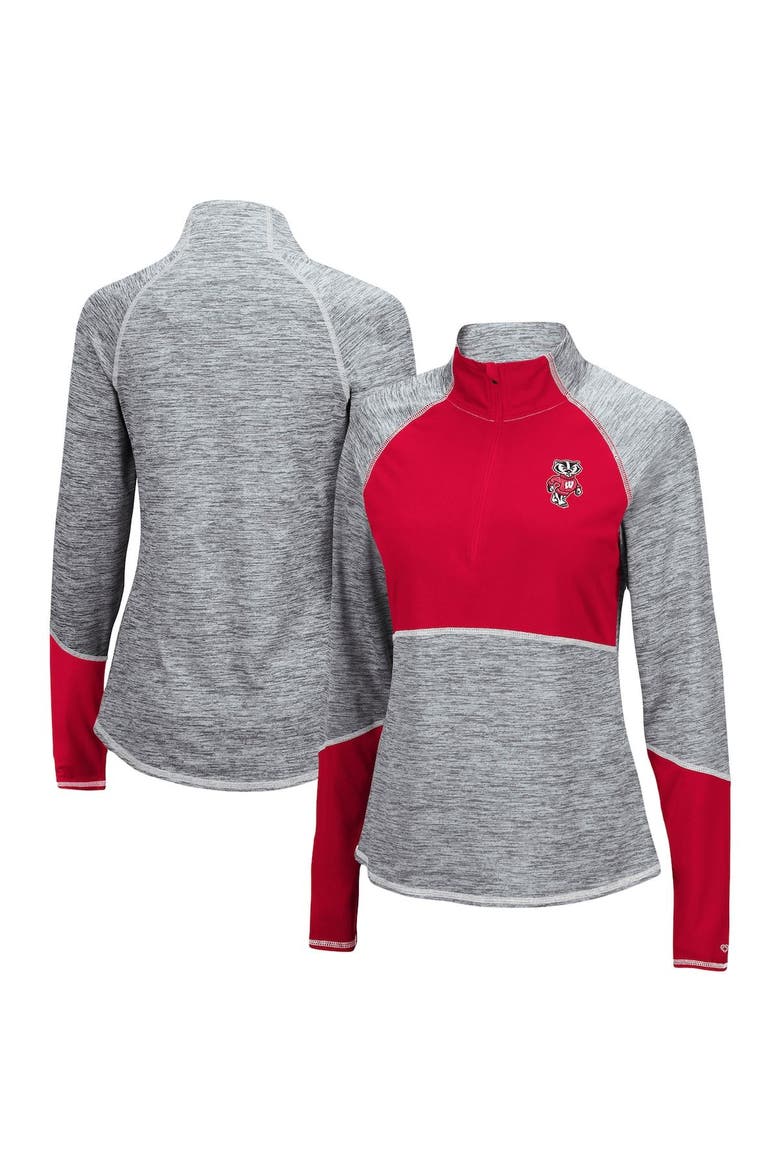 Women's Colosseum Heathered Gray/Red Wisconsin Badgers Color Block Space-Dye Raglan Quarter-Zip Top, Main, color, Heather Gray