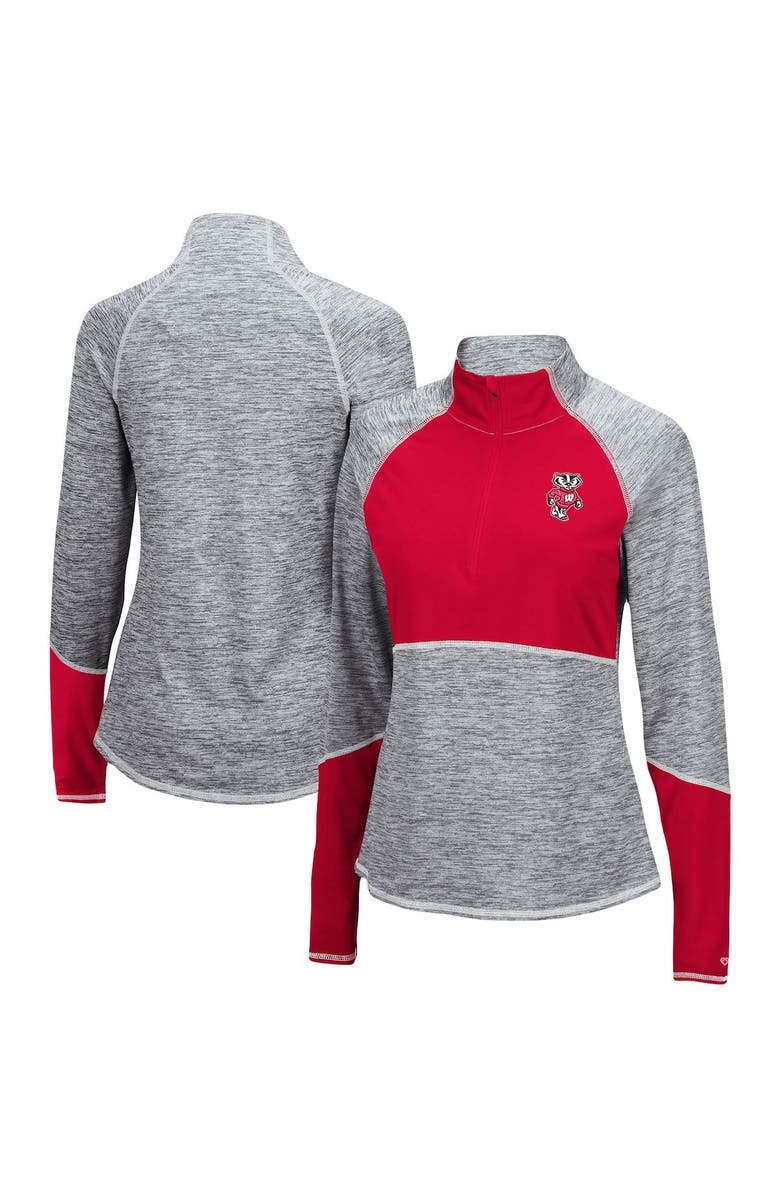 COLOSSEUM Women's Colosseum Heathered Gray/Red Wisconsin Badgers Color Block Space-Dye Raglan Quarter-Zip Top, Main, color, 
