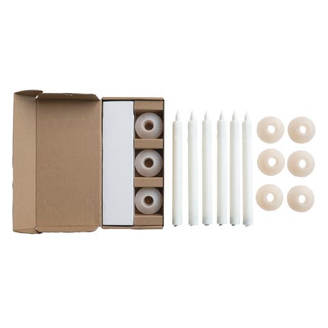 Evening LED Taper Candles with Holder, White, Set of 6