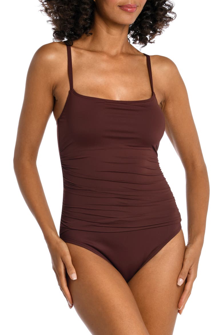Ruched One-Piece Swimsuit, Alternate, color, JAVA