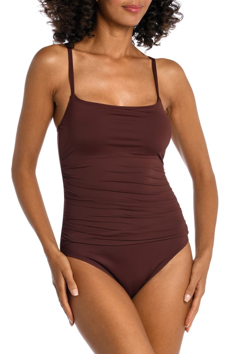 La Blanca Ruched One-Piece Swimsuit, Alternate, color, Java