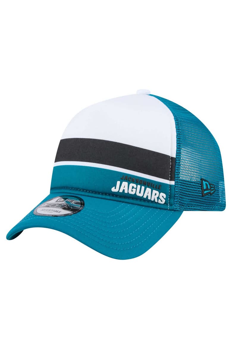 Men's New Era White/Teal Jacksonville Jaguars Color-Block 9FORTY A-Frame Trucker Adjustable Hat, Main, color, White
