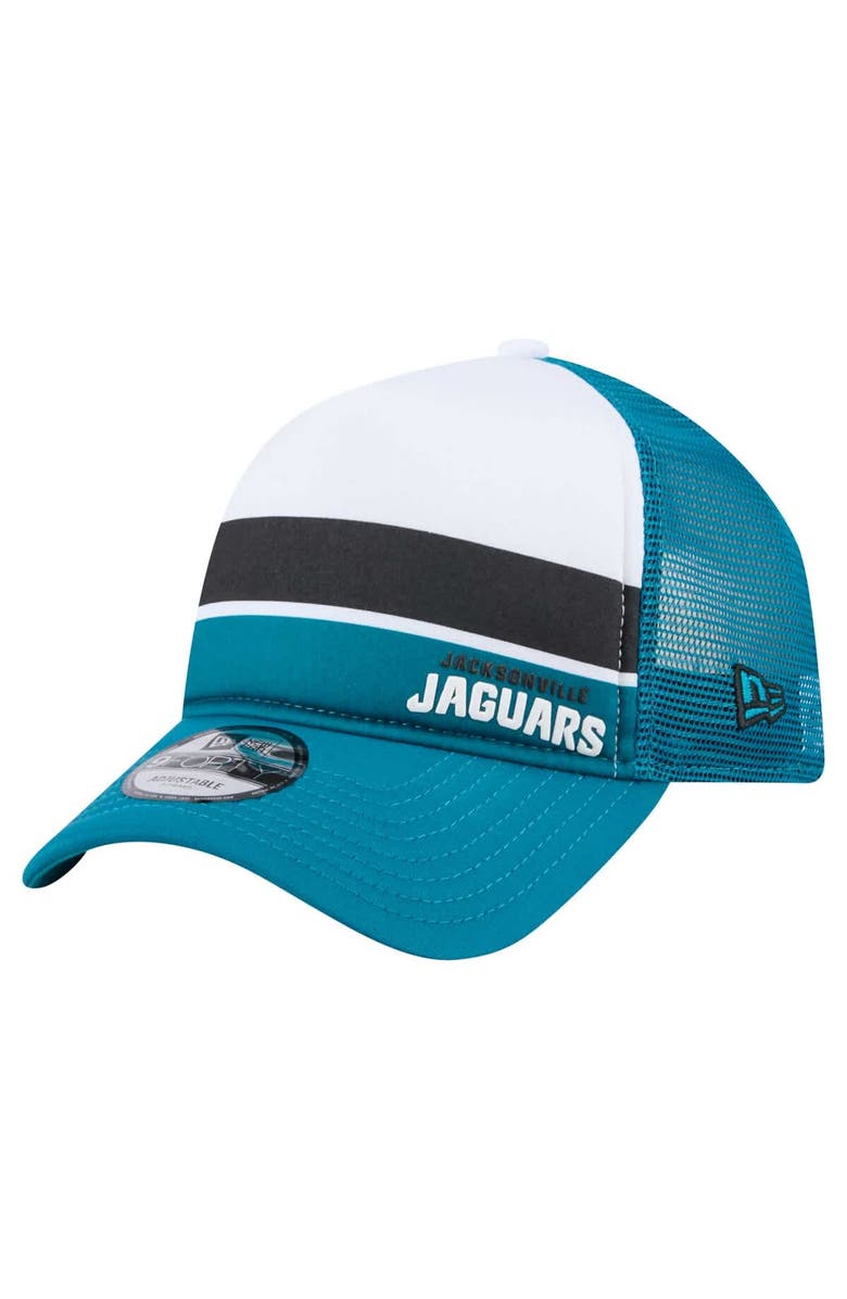 New Era Men's New Era White/Teal Jacksonville Jaguars Color-Block 9FORTY A-Frame Trucker Adjustable Hat, Main, color, White