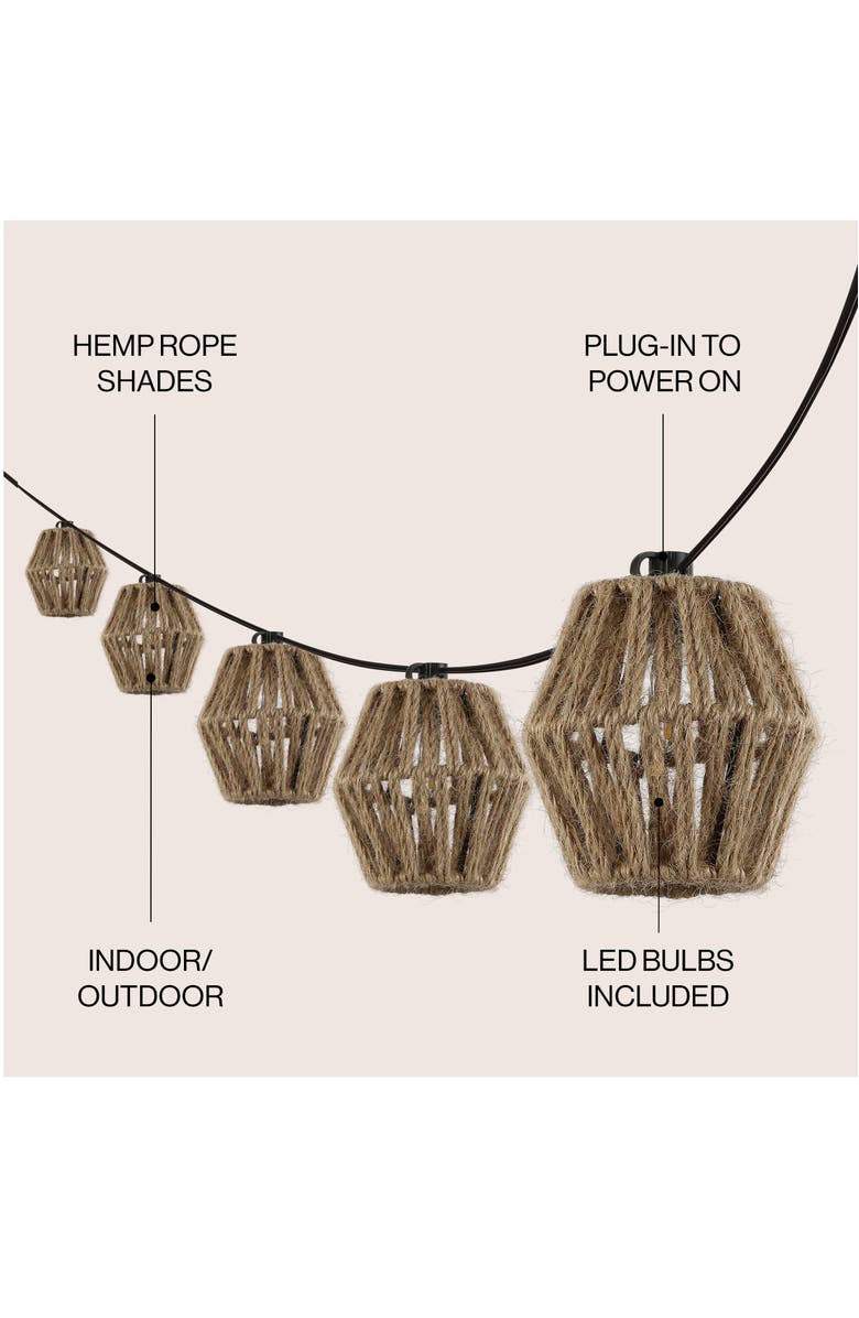 JONATHAN Y Samara 10-Light Indoor/Outdoor Mid-Century Classic Incandescent C7 Lantern Hemp Rope Shaded String Lights, Alternate, color, Brown