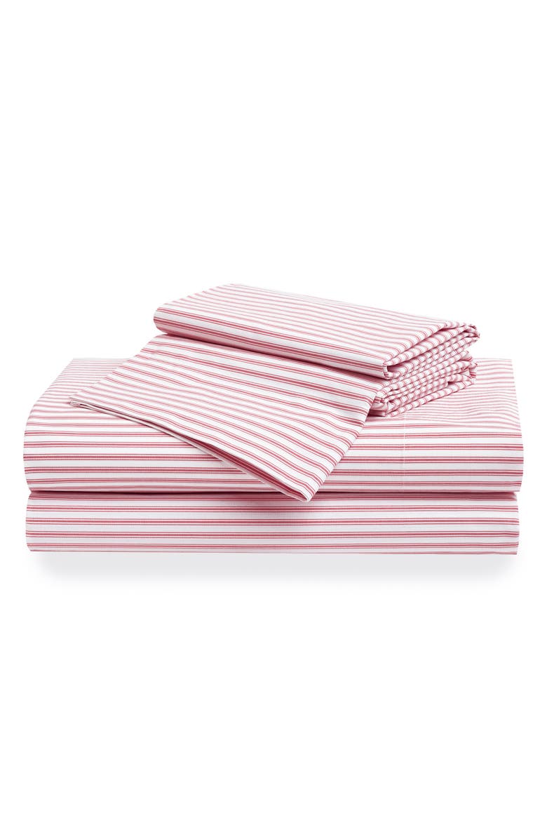 Petite Plume Antique Ticking Stripe Cotton Sheet Set, Main, color, Red