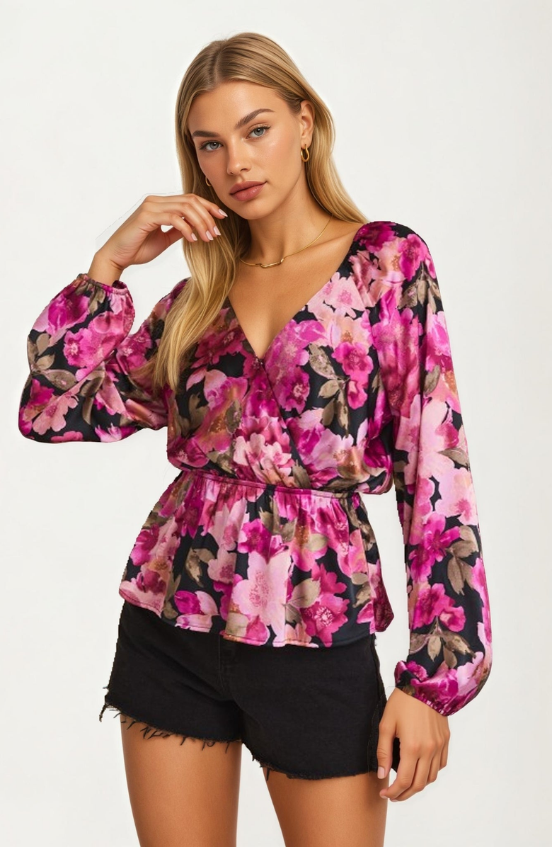 Knit and Lounge Long Sleeve V-Neck Floral Wrap Peplum Blouse, Main, color, Pink Floral