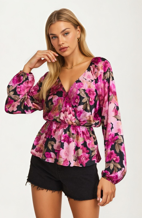 Long Sleeve V-Neck Floral Wrap Peplum Blouse