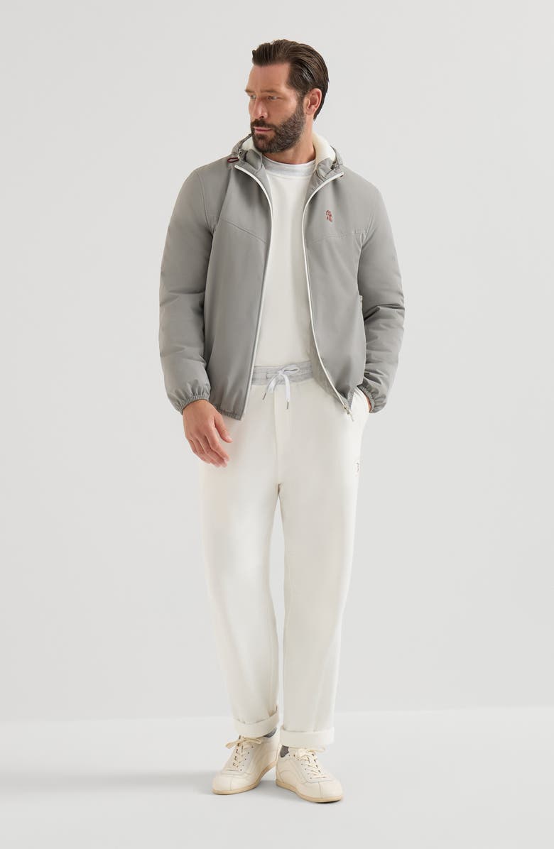Brunello Cucinelli Bonded nylon hooded outerwear jacket with Thermore<sup>®</sup> padding and logo, Alternate, color, Grey
