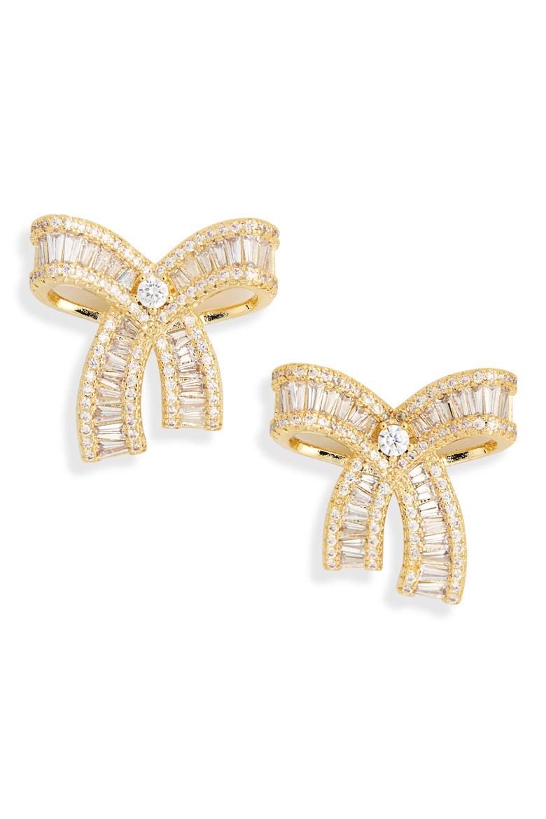 Cubic Zirconia Bow Stud Earrings, Main, color, GOLD