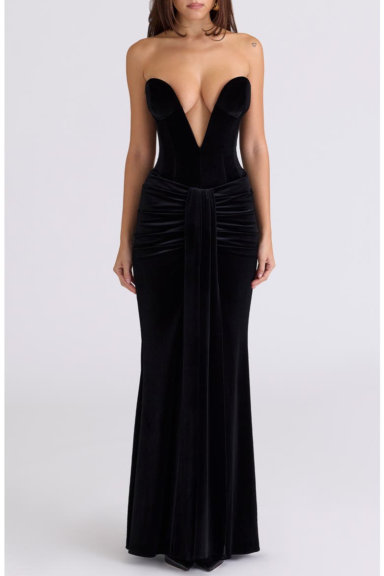 Vienne Deep Plunge Neck Velvet Gown, Main, color, BLACK