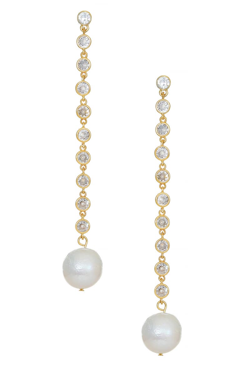 Freshwater Pearl & Cubic Zirconia Linear Drop Earrings, Main, color, GOLD