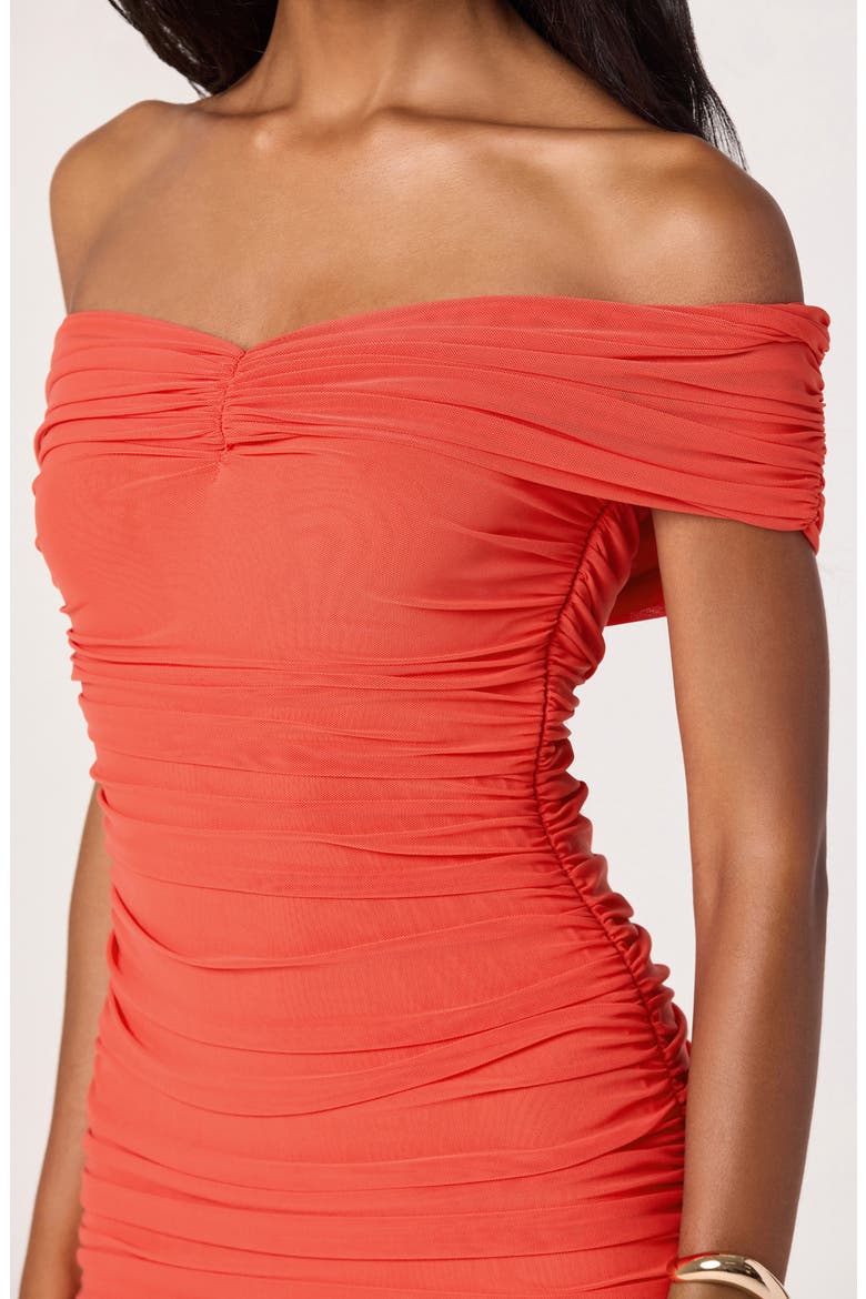 Andreanna Off the Shoulder Mesh Maxi Dress, Alternate, color, RED ORANGE