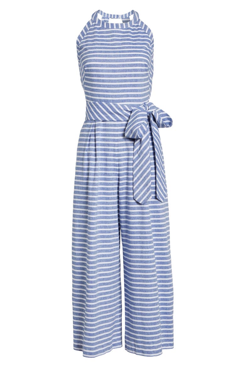 Halter Neck Stripe Crop Jumpsuit, Alternate, color, NAVY