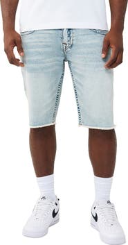 True Religion Ricky Frayed Hem Snap Flap Straight Denim Shorts