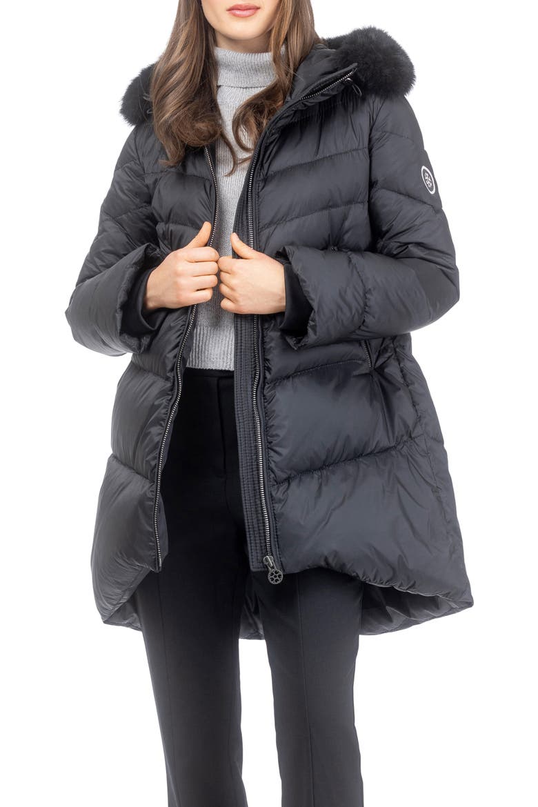 Apres-Ski Chevron Long Parka with Detachable Toscana Lamb Hood Trim, Alternate, color, Black/Black