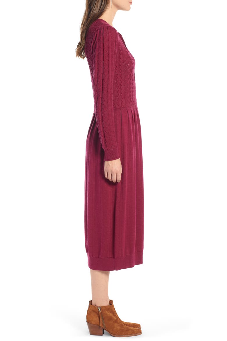 Tie Neck Cotton Blend Sweater Dress, Alternate, color, BURGUNDY PLUM