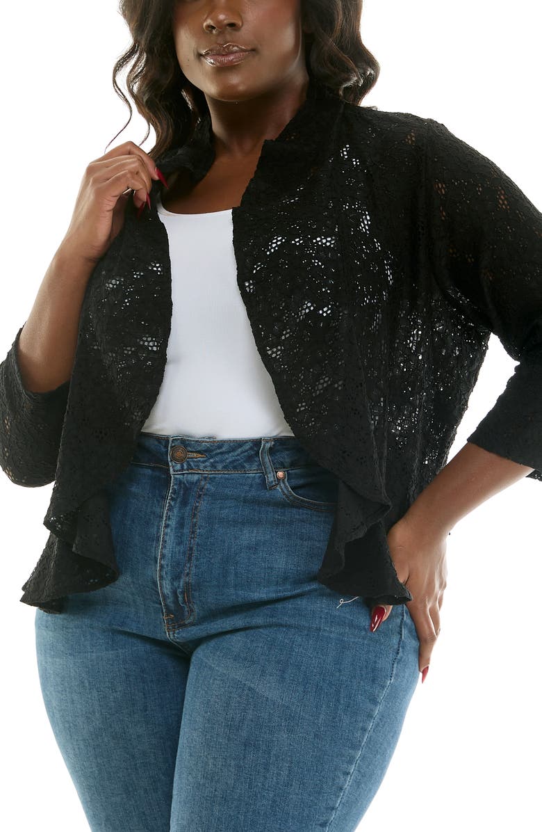 Nina Leonard Ruffle Lace Bolero, Alternate, color, Black